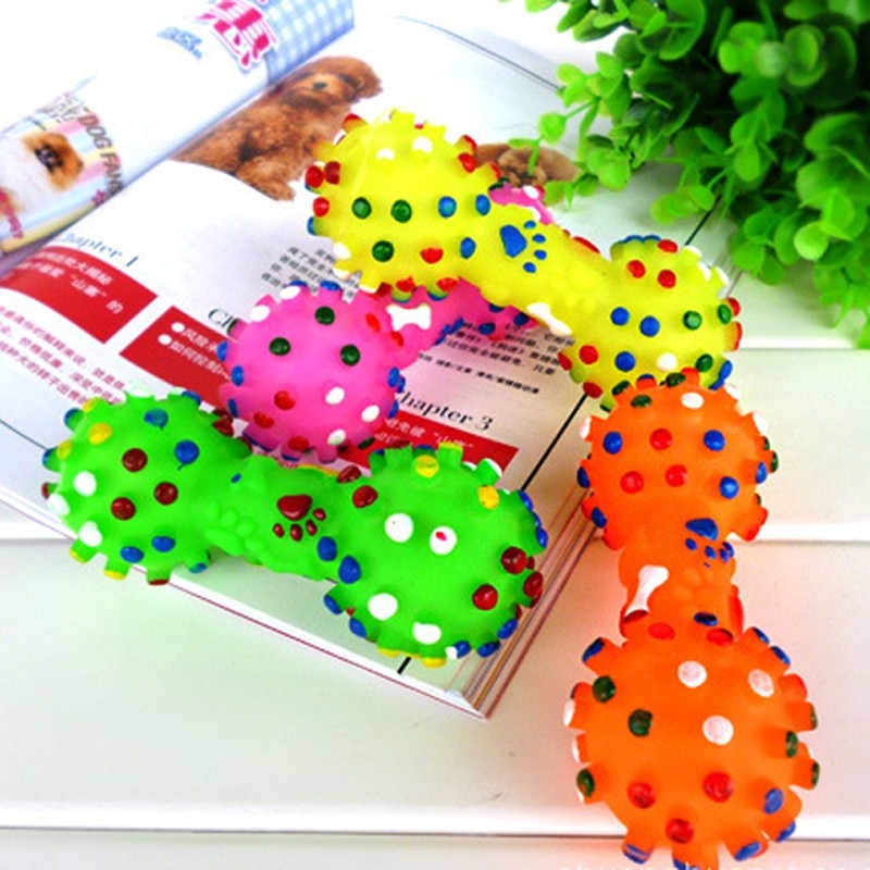 2019 Dog Toys Colorful Dotted Dumbbell Shaped Dog Toys Squeeze Squeaky Faux Bone Pet Chew Toys For Dogs